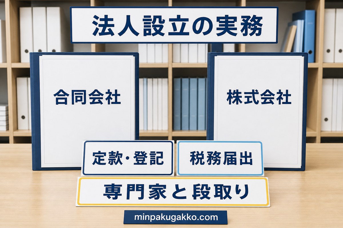 民泊事業の法人設立で合同会社・株式会社・定款登記・税務届出を整理する図