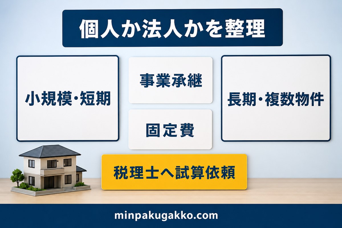 民泊物件を個人保有か法人化かで整理する早見図