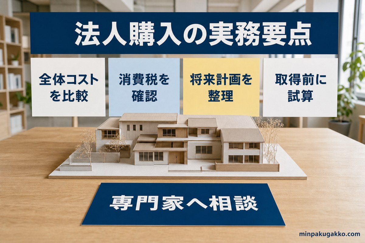 民泊物件の法人購入で確認する実務要点をまとめた図
