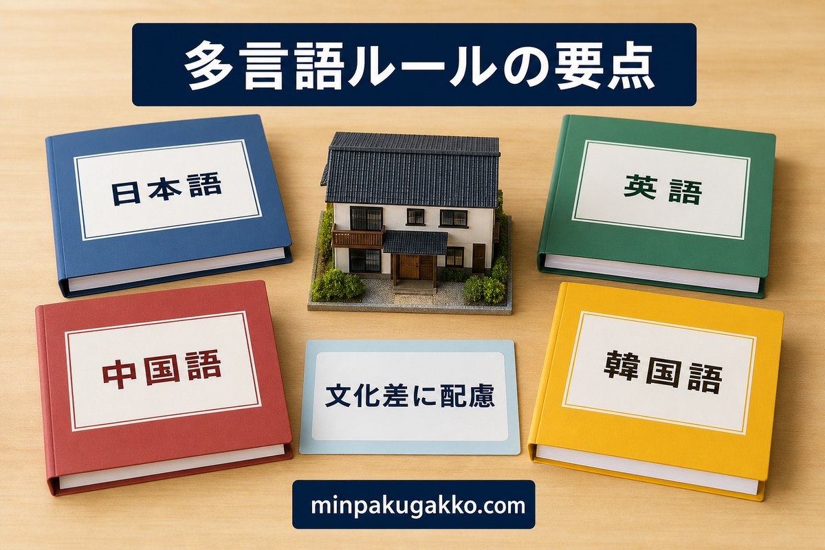 民泊ハウスルールを日本語・英語・中国語・韓国語と文化差配慮で整理する図