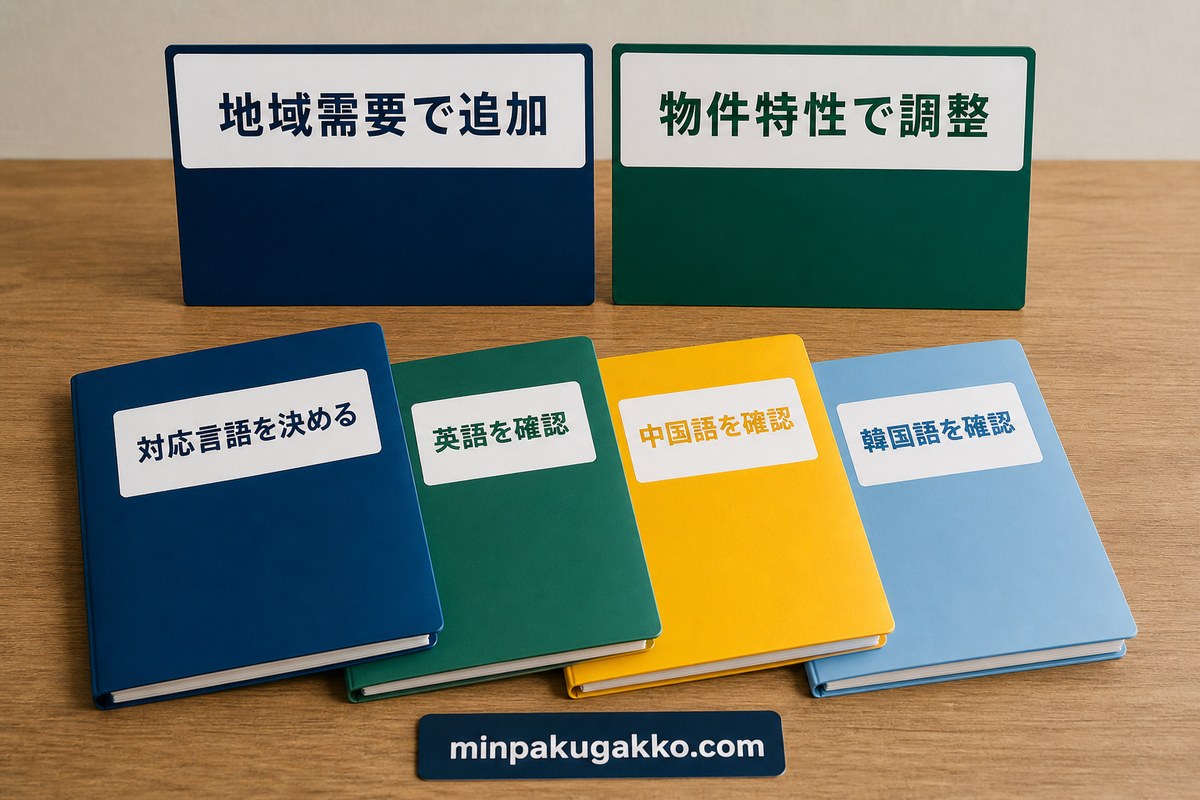民泊ハウスルールの対応言語を英語・中国語・韓国語・地域需要・物件特性で検討する図