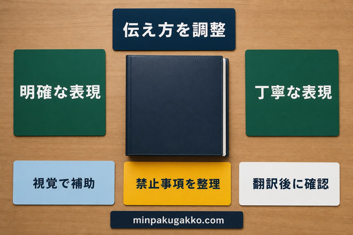民泊ハウスルールの伝え方を明確な表現・丁寧な表現・視覚補助・禁止事項・翻訳確認で調整する図