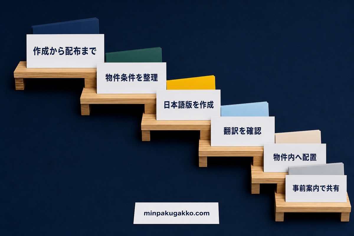 民泊ハウスルールを物件条件整理・日本語版作成・翻訳確認・物件内配置・事前案内の順に進める図