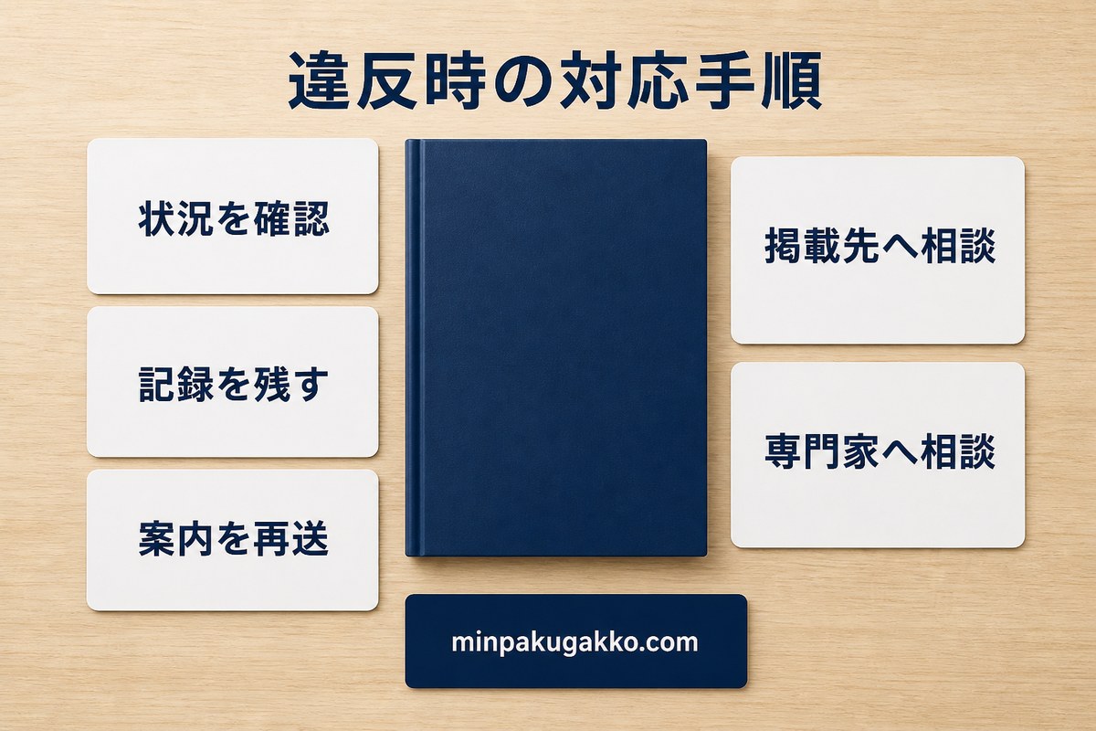 民泊ハウスルール違反時に状況確認・記録・再案内・掲載先相談・専門家相談を行う図