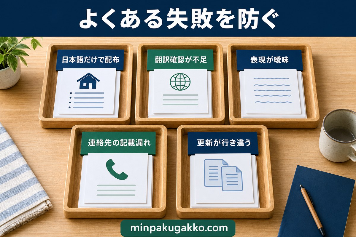 民泊ハウスルールの単一言語配布・翻訳確認不足・曖昧表現・連絡先漏れ・更新行き違いを防ぐ図