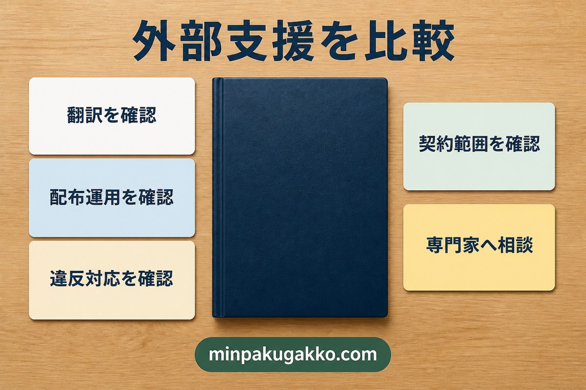 民泊ハウスルールの外部支援を翻訳・配布運用・違反対応・契約範囲・専門家相談で比較する図