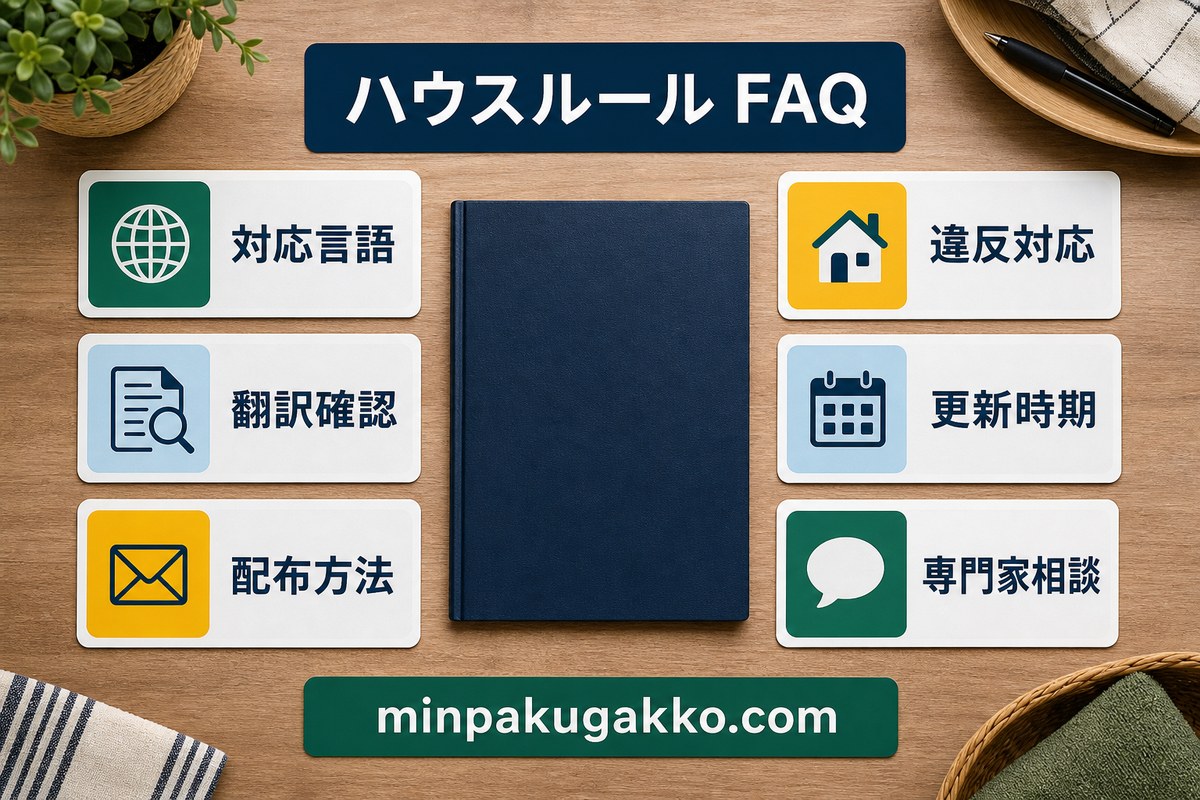 民泊ハウスルールの対応言語・翻訳確認・配布方法・違反対応・更新時期・専門家相談に関するFAQ図