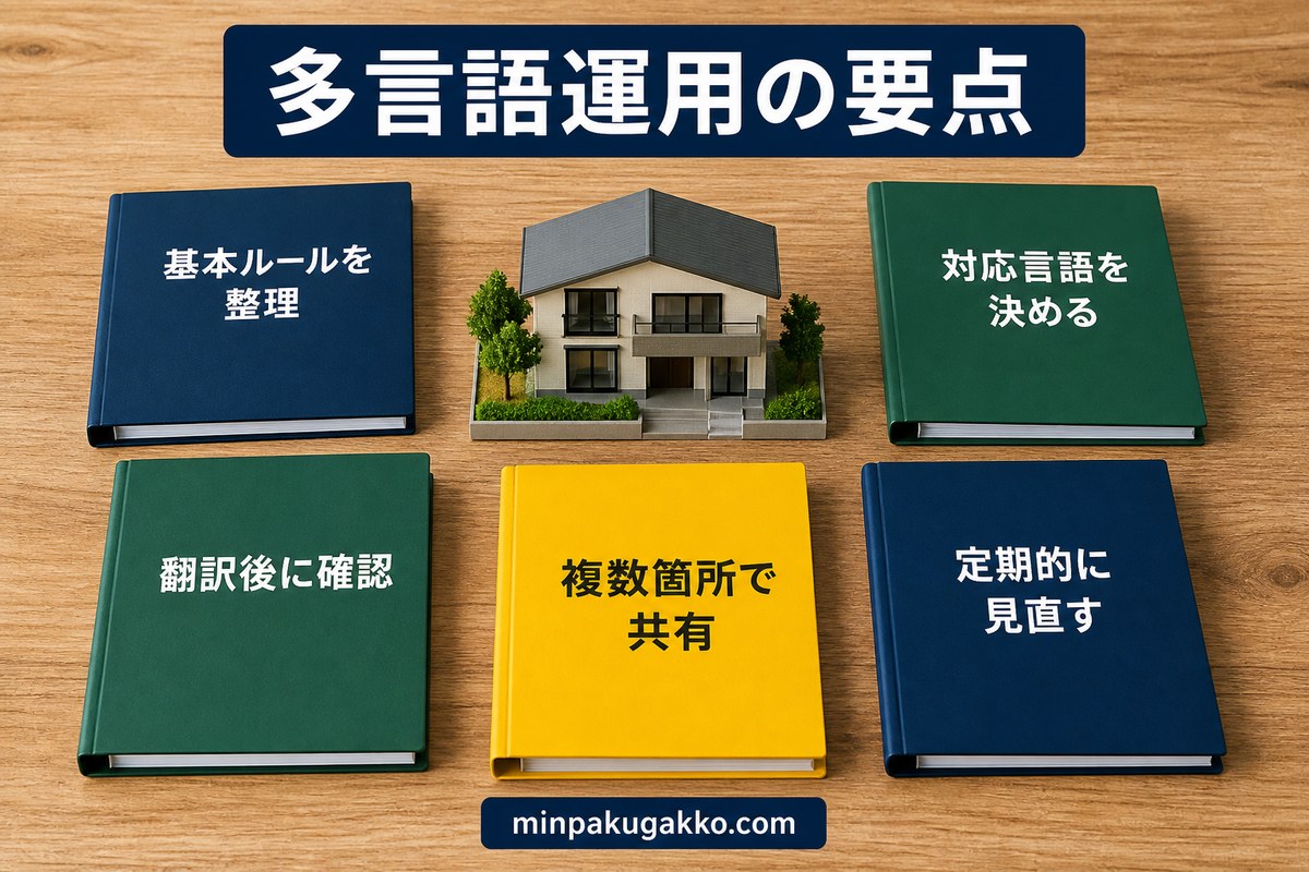 民泊ハウスルールを基本整理・対応言語決定・翻訳確認・複数箇所共有・定期見直しでまとめる図