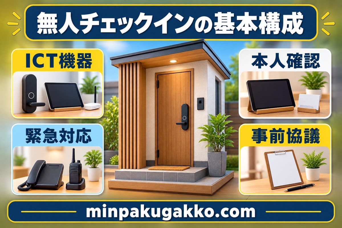 無人チェックインのICT機器、本人確認、緊急対応、事前協議を整理した図解