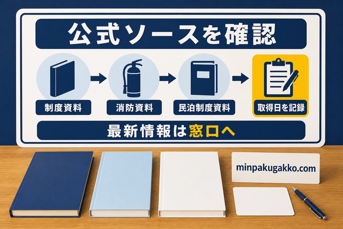 無人チェックインの記事で確認する制度資料、消防資料、民泊制度資料、取得日を整理した図解