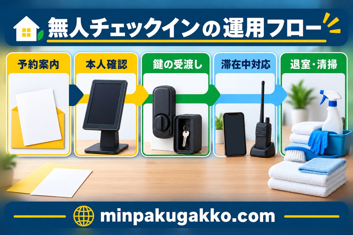 予約案内、本人確認、鍵の受渡し、滞在中対応、退室清掃の運用フロー図解
