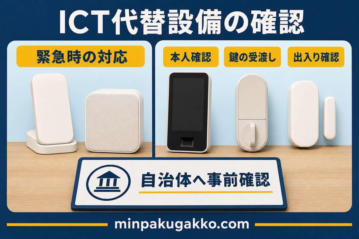 ICT代替設備の緊急時対応、本人確認、鍵の受渡し、出入り確認、自治体確認を整理した図解