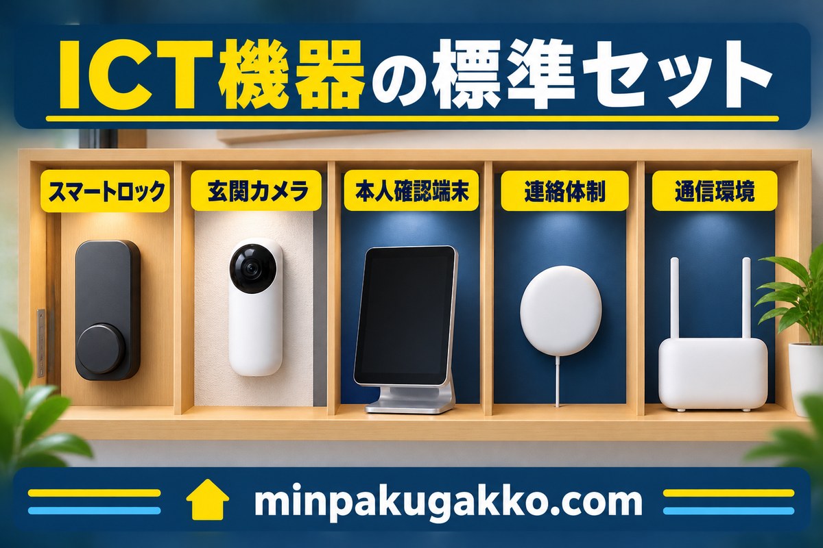 スマートロック、玄関カメラ、本人確認端末、連絡体制、通信環境を整理したICT機器図解