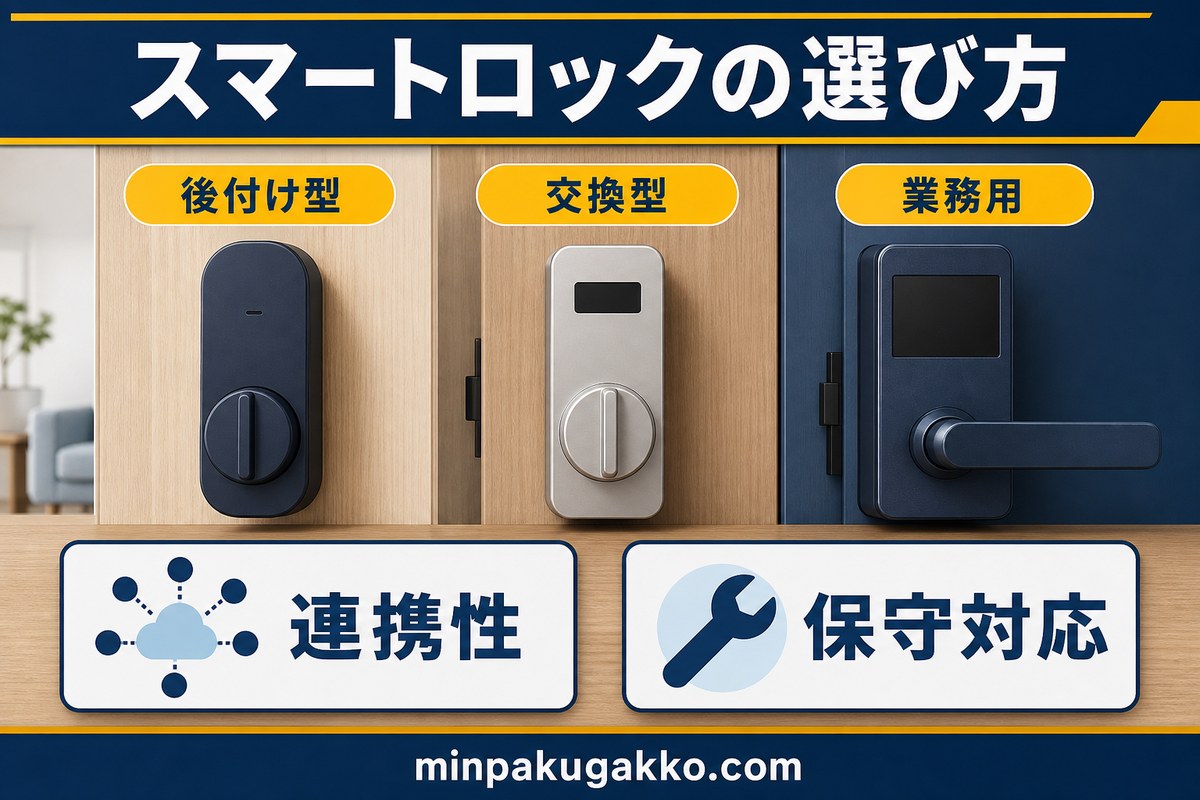 スマートロックの後付け型、交換型、業務用、連携性、保守対応を比較する図解