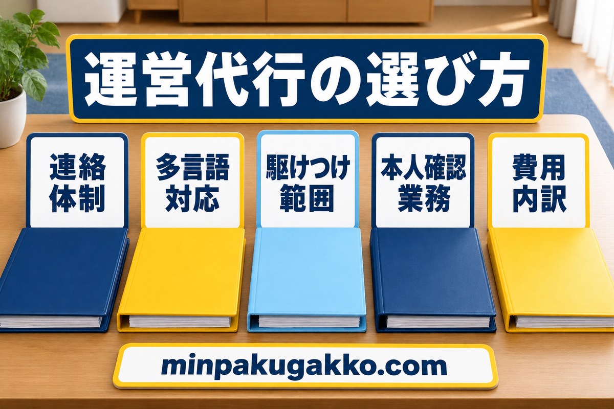 運営代行の連絡体制、多言語対応、駆けつけ範囲、本人確認業務、費用内訳を整理した図解