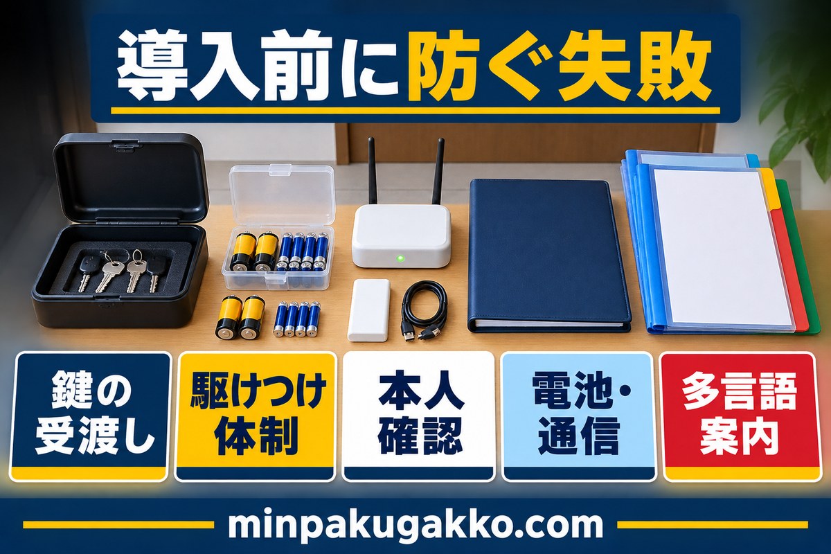 鍵の受渡し、駆けつけ体制、本人確認、電池通信、多言語案内の失敗予防を整理した図解