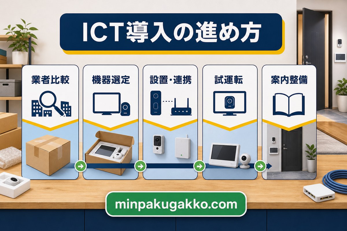 ICT導入の業者比較、機器選定、設置連携、試運転、案内整備の進め方を示す図解
