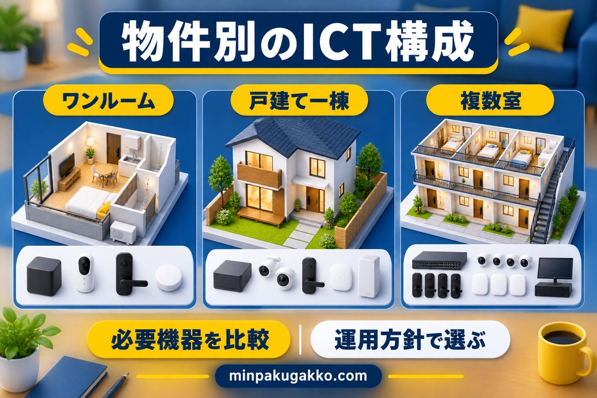 ワンルーム、戸建て一棟、複数室のICT構成と必要機器を比較する図解