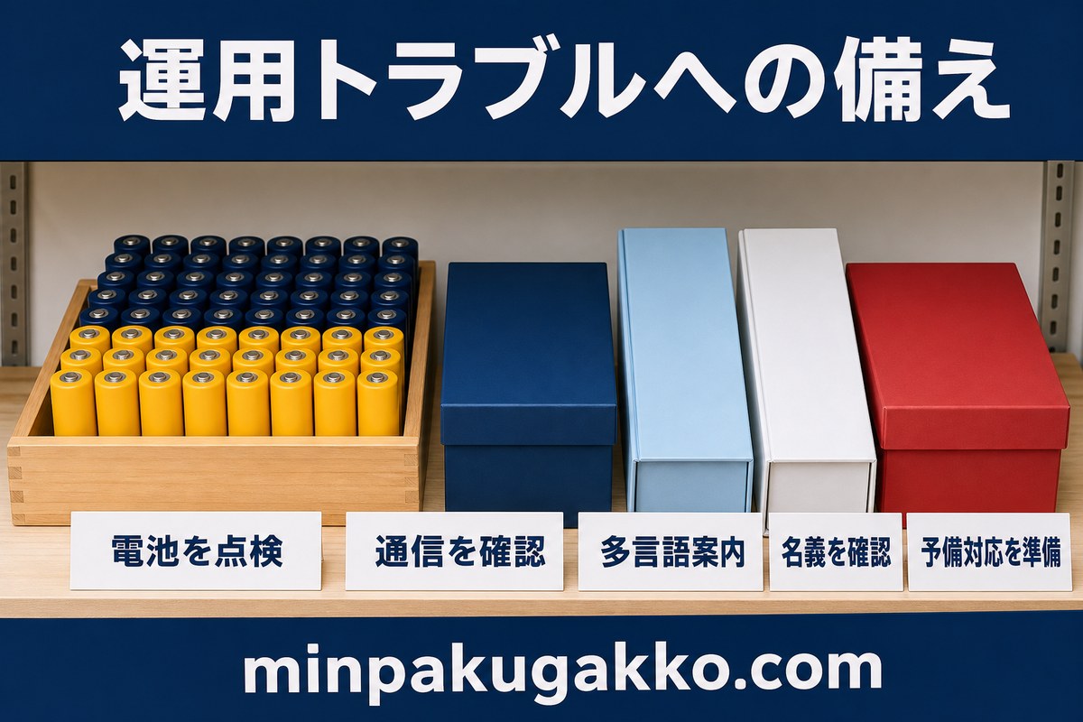 電池、通信、多言語案内、名義確認、予備対応のトラブル対策を整理した図解