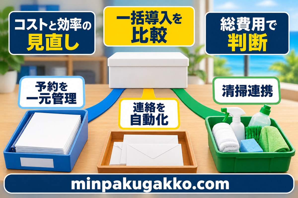 一括導入、予約一元管理、連絡自動化、清掃連携、総費用の見直しを整理した図解