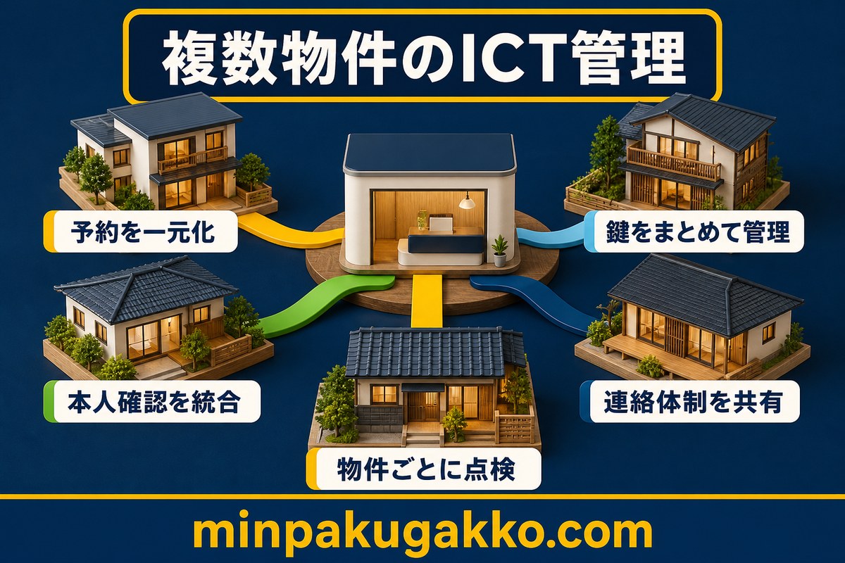 複数物件の予約、鍵、本人確認、連絡体制、点検を統合管理する図解