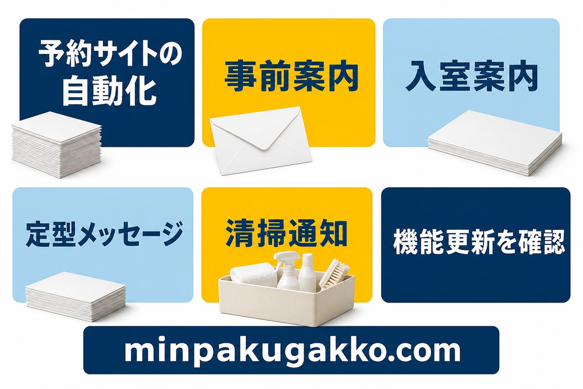 予約サイトの事前案内、入室案内、定型メッセージ、清掃通知、機能更新を整理した図解