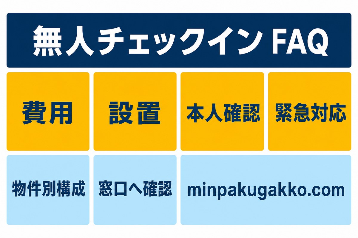 無人チェックインの費用、設置、本人確認、緊急対応、物件別構成のFAQ図解