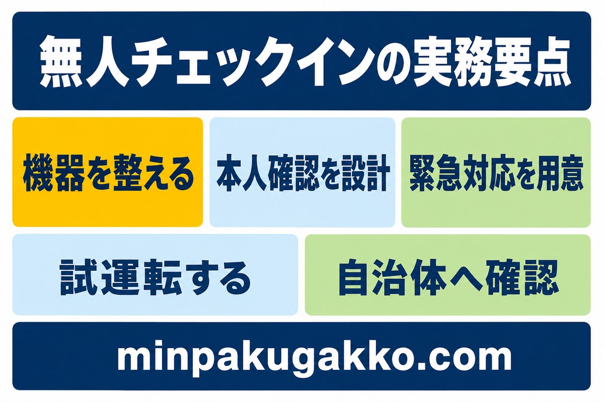無人チェックインの機器、本人確認、緊急対応、試運転、自治体確認をまとめた図解