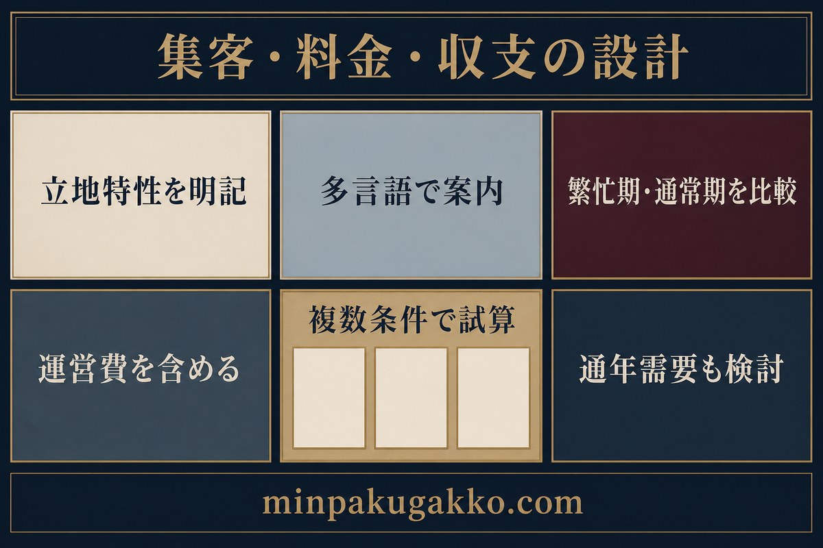 立地特性、多言語案内、繁忙期と通常期、運営費、複数条件、通年需要を整理した音楽観光民泊の集客収支図