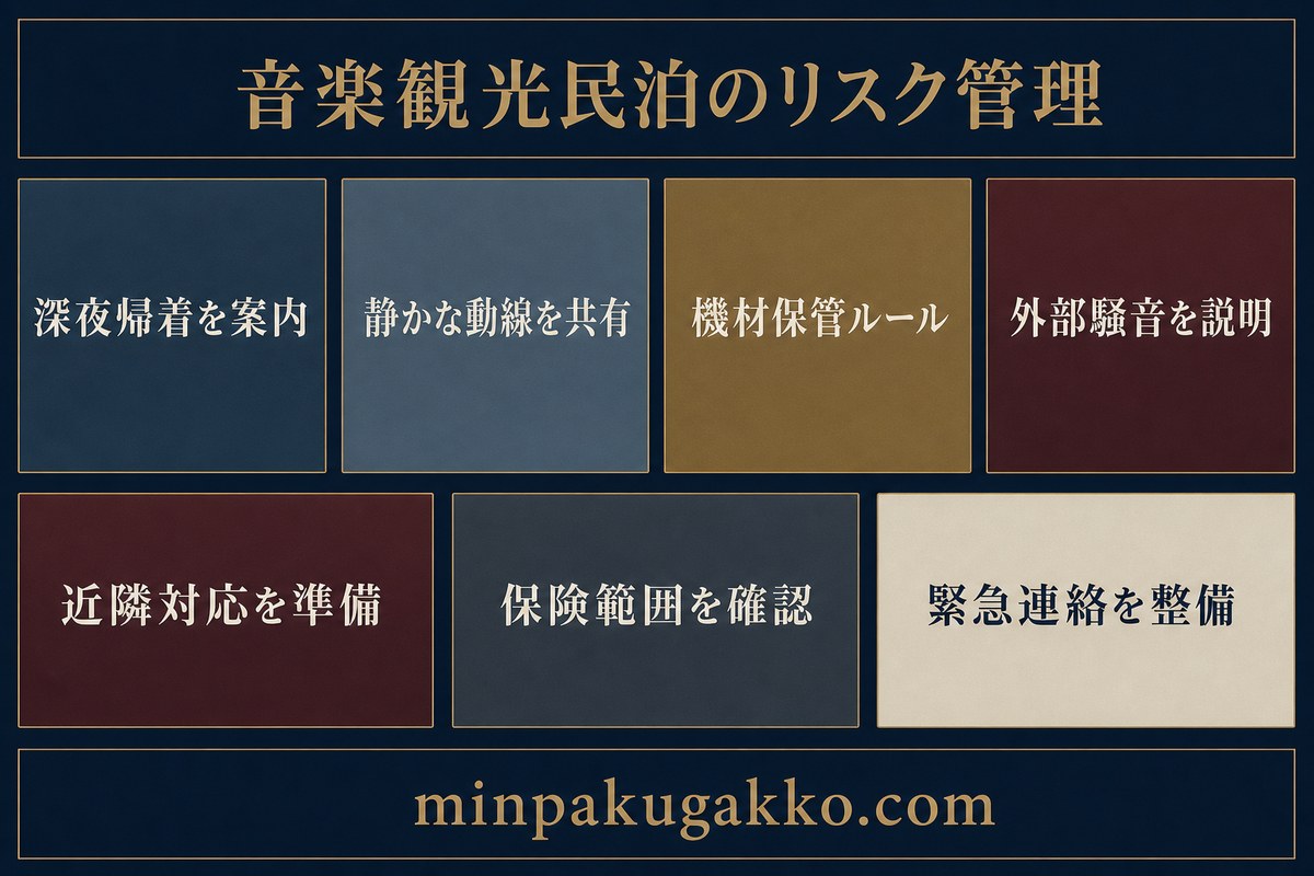 深夜帰着、静かな動線、機材保管、外部騒音、近隣対応、保険範囲、緊急連絡を整理した音楽観光民泊のリスク管理図