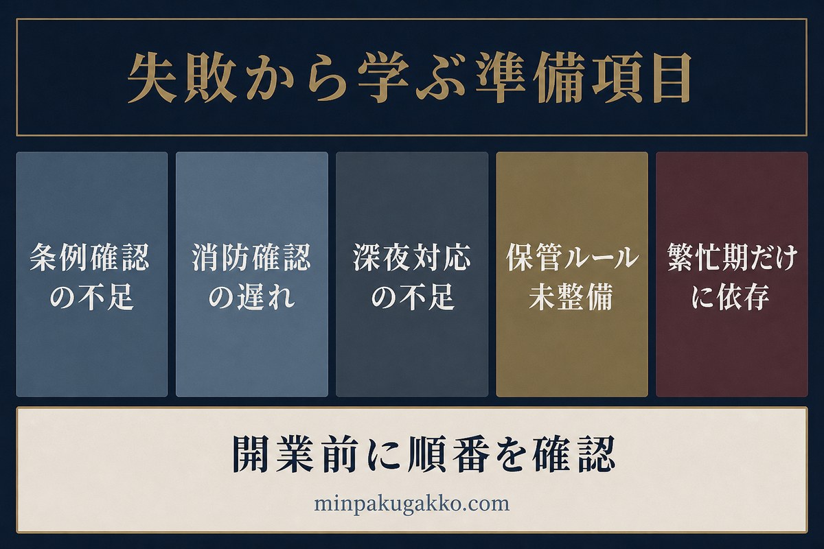 条例、消防、深夜対応、保管ルール、繁忙期依存の失敗要因と開業前の確認順序を整理した教訓図