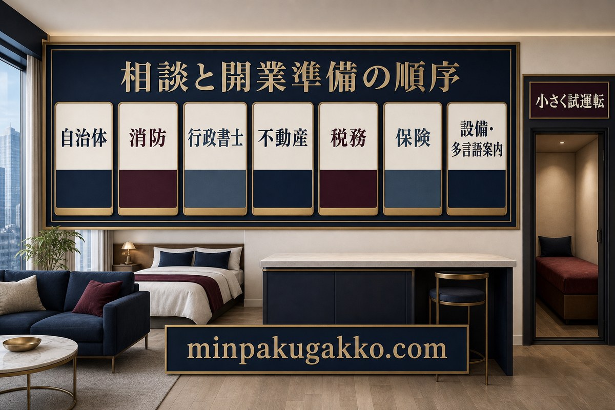 自治体、消防、行政書士、不動産、税務、保険、設備と多言語案内を順に確認して小さく試運転する開業準備図