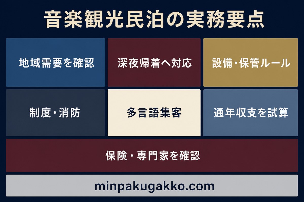 地域需要、深夜帰着、設備と保管ルール、制度と消防、多言語集客、通年収支、保険と専門家確認を整理した音楽観光民泊の実務要点図