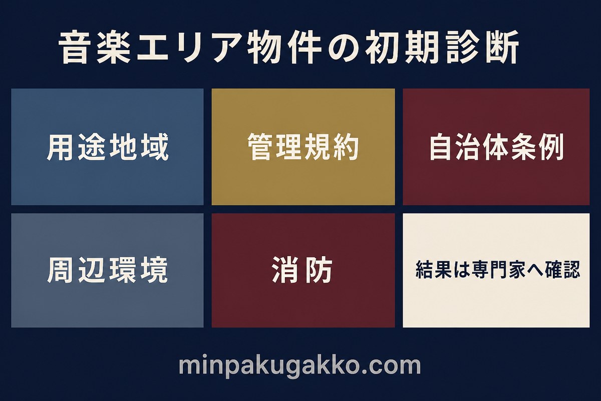 用途地域、管理規約、自治体条例、周辺環境、消防を初期整理して専門家確認につなげる音楽エリア物件診断図