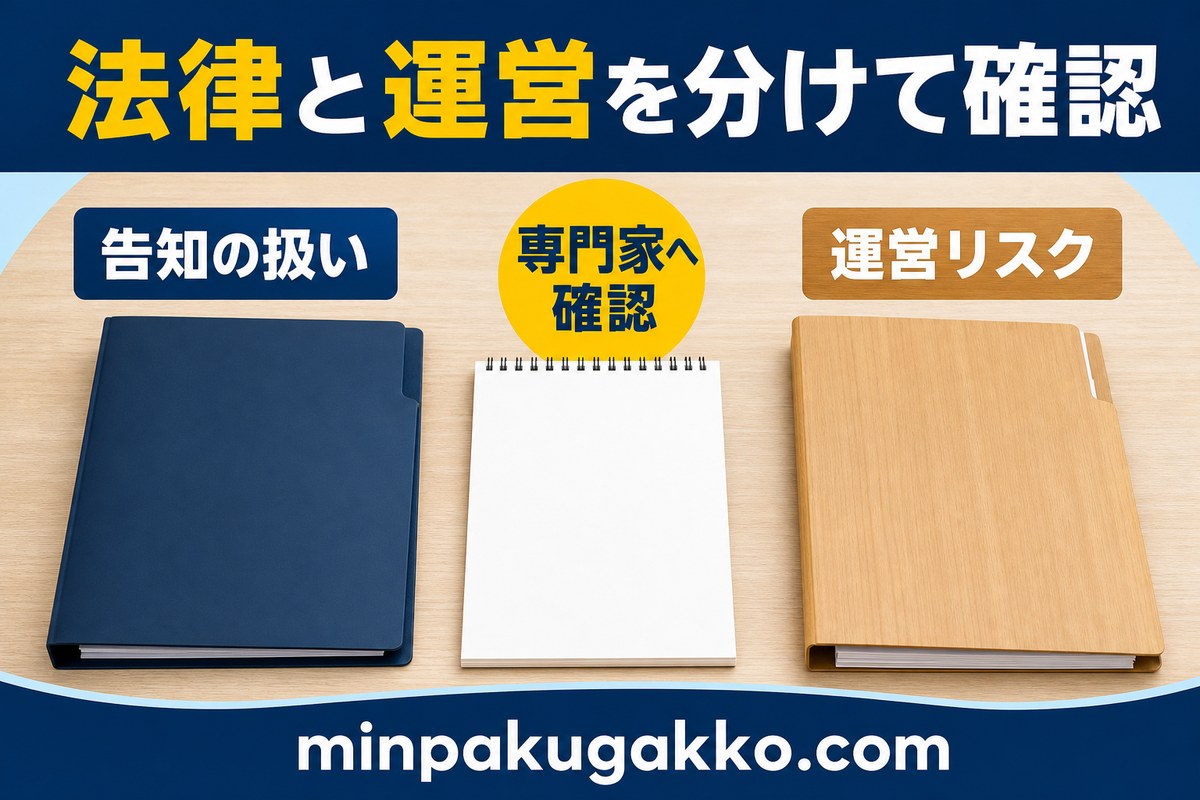 心理的瑕疵物件の民泊で法律と運営を分けて確認する図