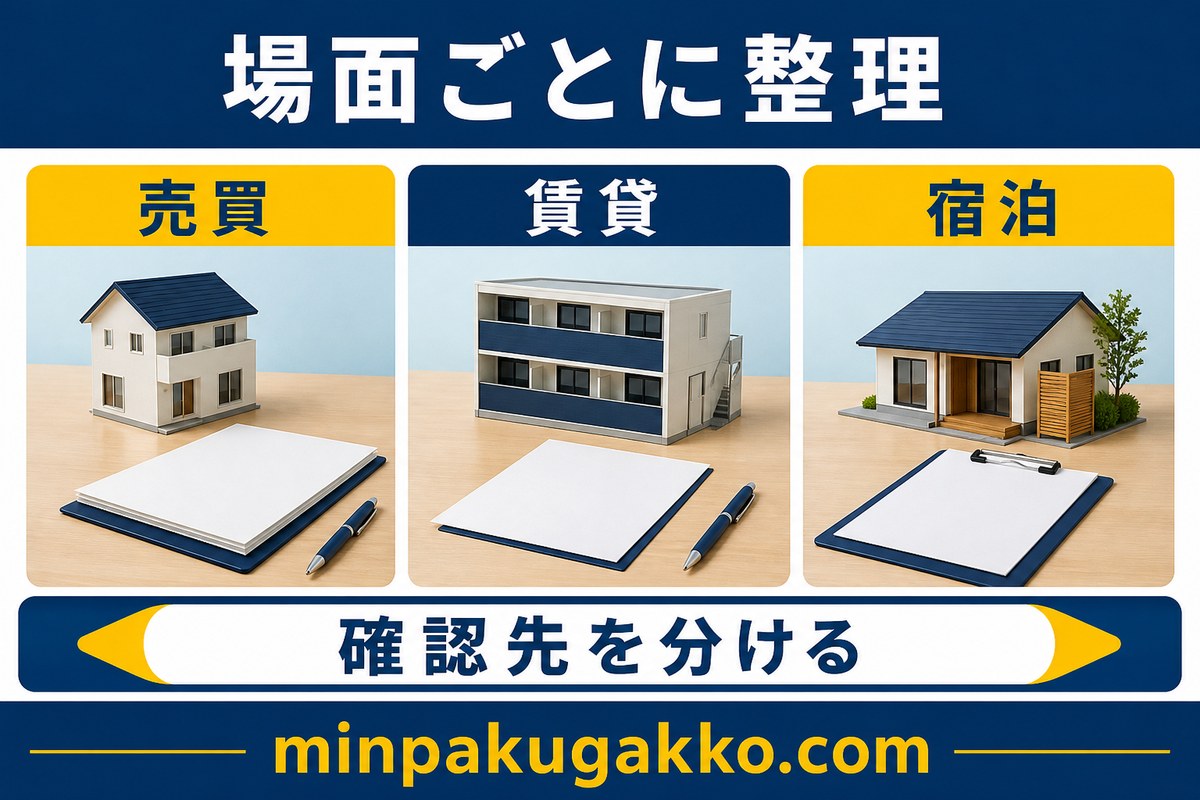 売買・賃貸・宿泊で告知の位置づけを分けて整理する図