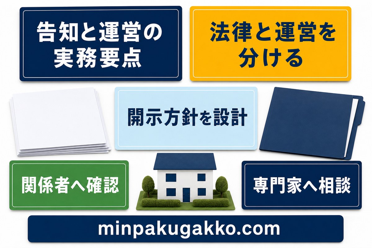 心理的瑕疵物件の民泊における告知と運営の実務要点をまとめた図