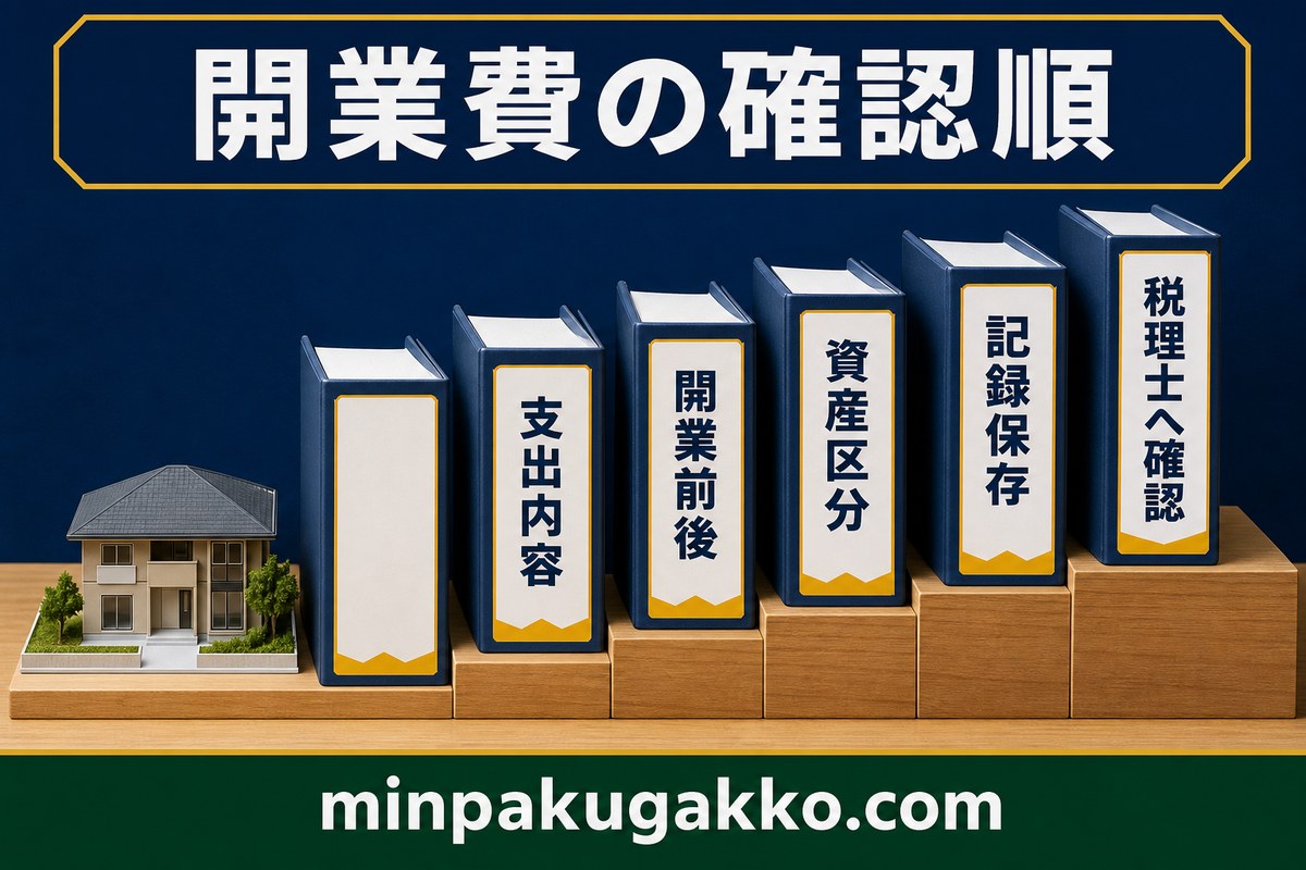 民泊開業費の証憑保存・費用区分・償却方針・所得区分・専門家確認を整理する図