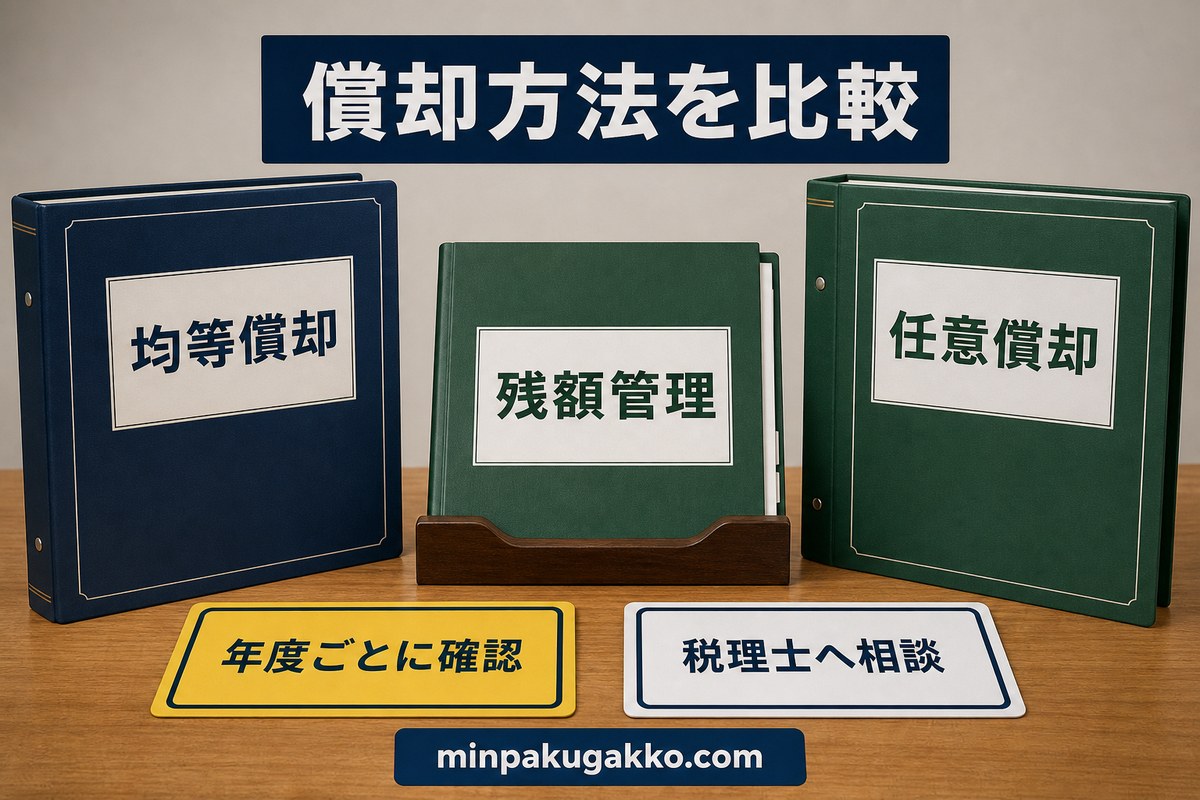 均等償却と任意償却の考え方を比較する図