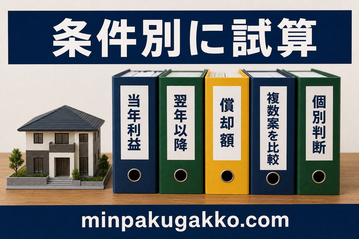 利益見込み・証憑・償却額・申告方針を確認する図