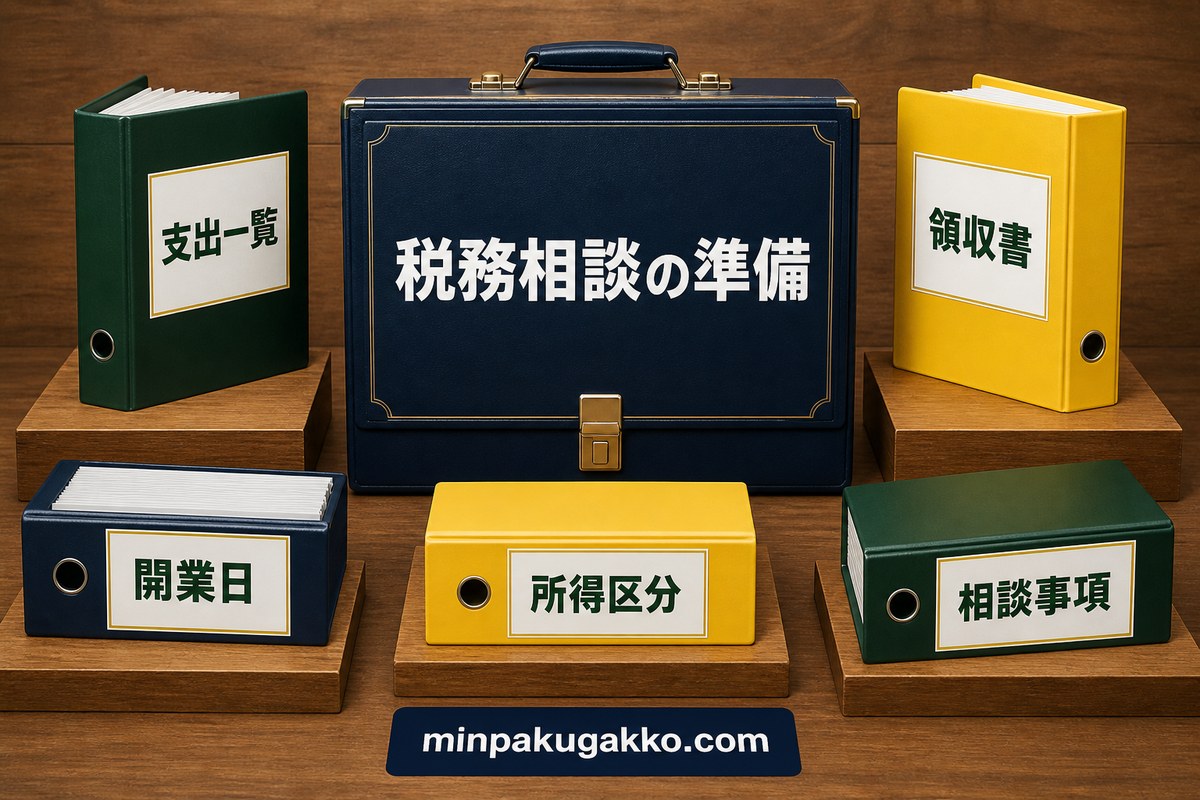 税理士相談前に領収書・費用区分・開業日・償却方針を準備する図
