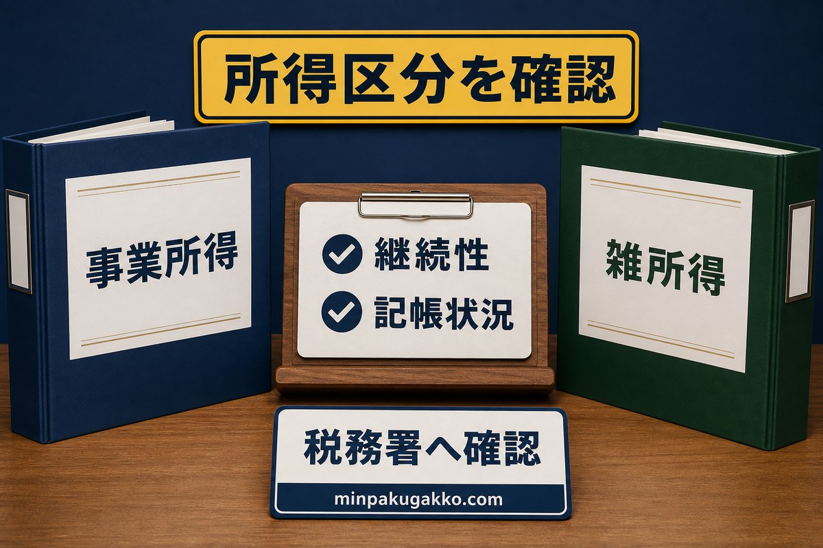 所得区分・損益通算・青色申告・費用計上・専門家確認の注意点を示す図