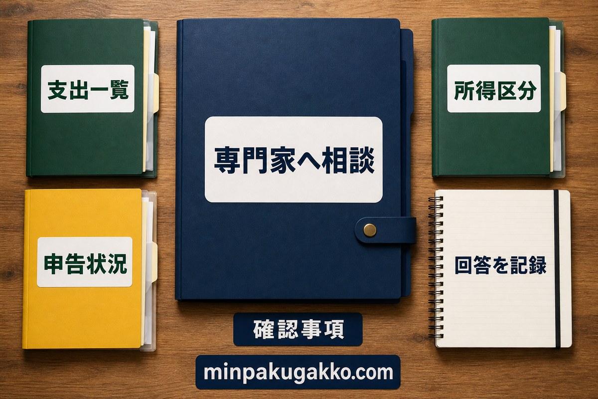 税理士・税務署への相談準備項目を示す図