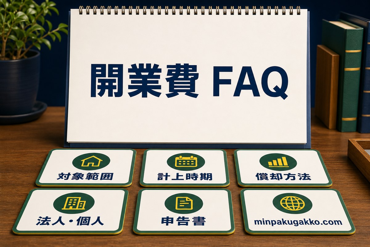 開業費の対象範囲・計上時期・償却方法・法人個人・申告書に関するFAQ図