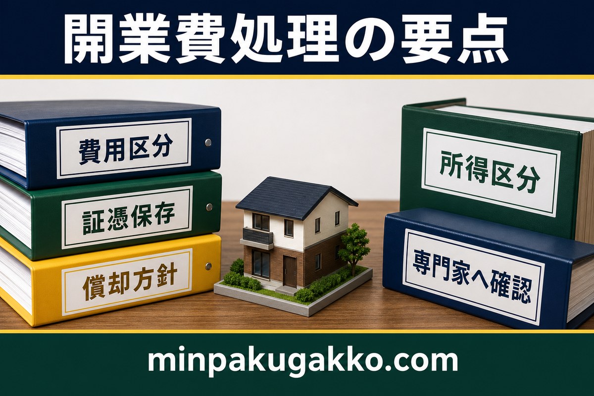 開業費処理の費用区分・証憑保存・償却方針・所得区分・専門家確認をまとめる図