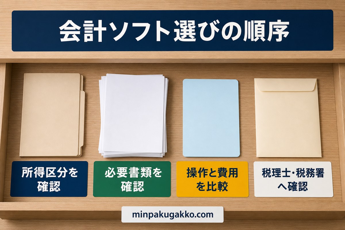 民泊の会計ソフトを所得区分・必要書類・操作と費用の順に選ぶ図