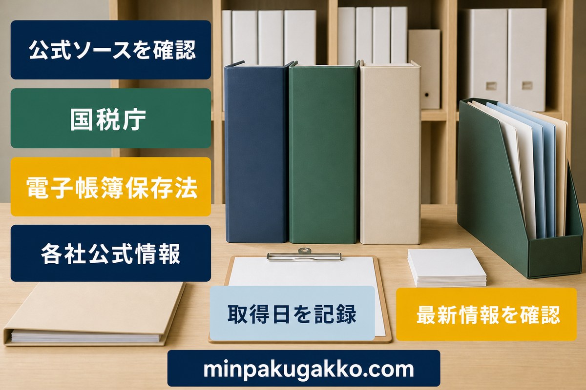 民泊会計で国税庁・電子帳簿保存法・各社公式情報を確認する図