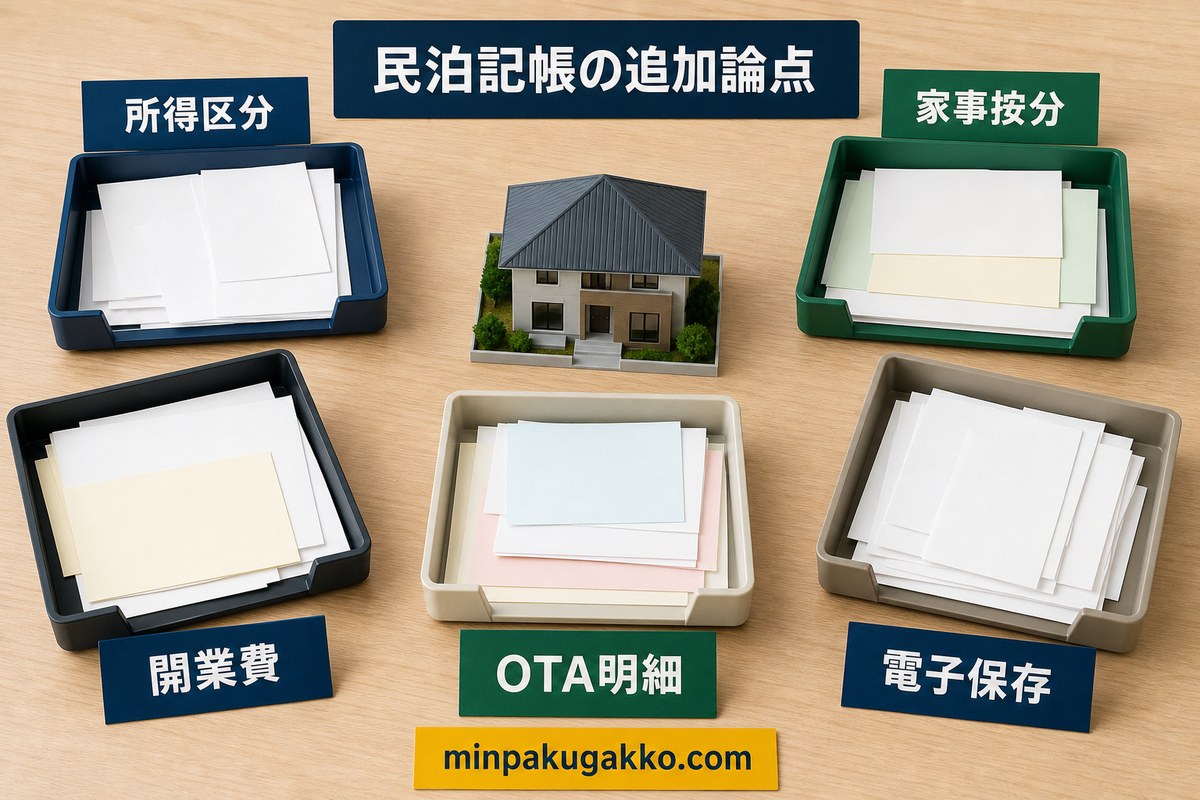 民泊記帳で確認する所得区分・家事按分・開業費・OTA明細・電子保存の図