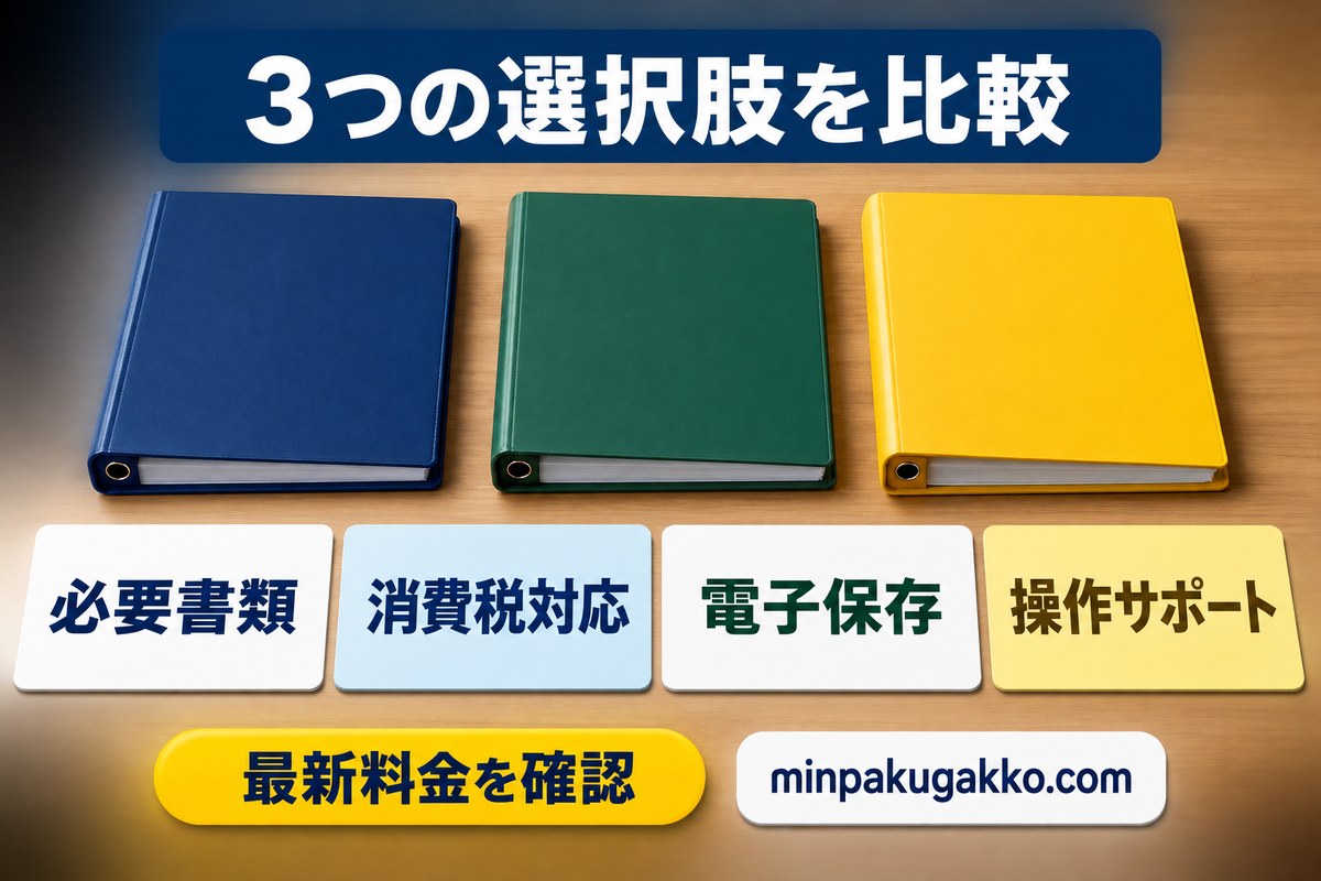 三つの会計ソフト選択肢を必要書類・消費税対応・電子保存・操作サポートで比較する図