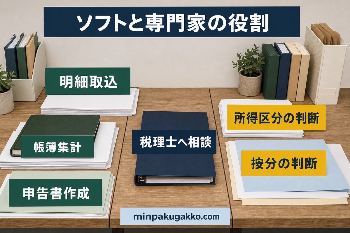 会計ソフトと専門家の役割を明細取込・帳簿集計・申告書作成・判断事項で分ける図